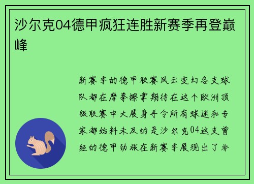 沙尔克04德甲疯狂连胜新赛季再登巅峰