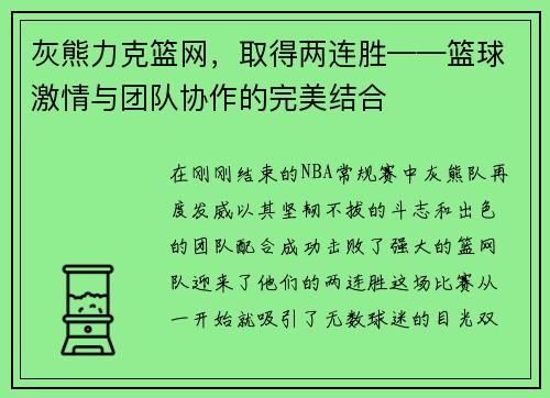 灰熊力克篮网，取得两连胜——篮球激情与团队协作的完美结合