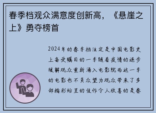 春季档观众满意度创新高，《悬崖之上》勇夺榜首