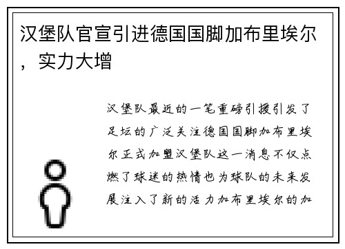 汉堡队官宣引进德国国脚加布里埃尔，实力大增