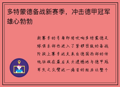 多特蒙德备战新赛季，冲击德甲冠军雄心勃勃