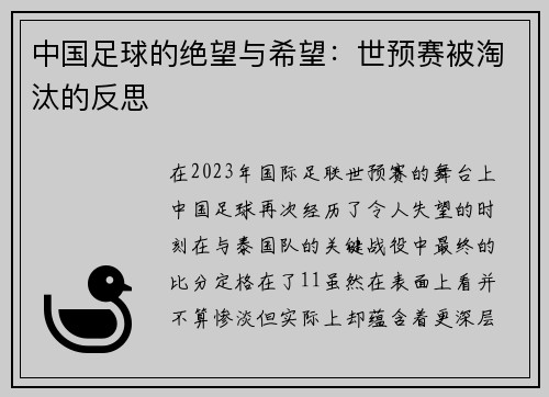 中国足球的绝望与希望：世预赛被淘汰的反思