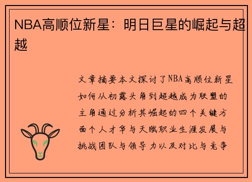 NBA高顺位新星：明日巨星的崛起与超越