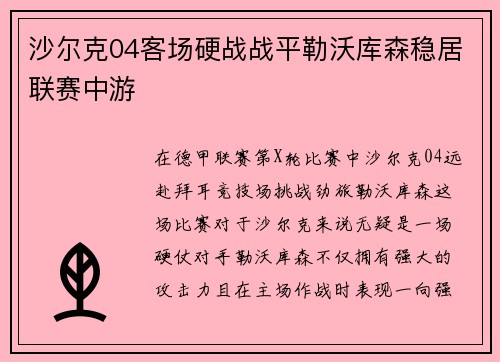 沙尔克04客场硬战战平勒沃库森稳居联赛中游
